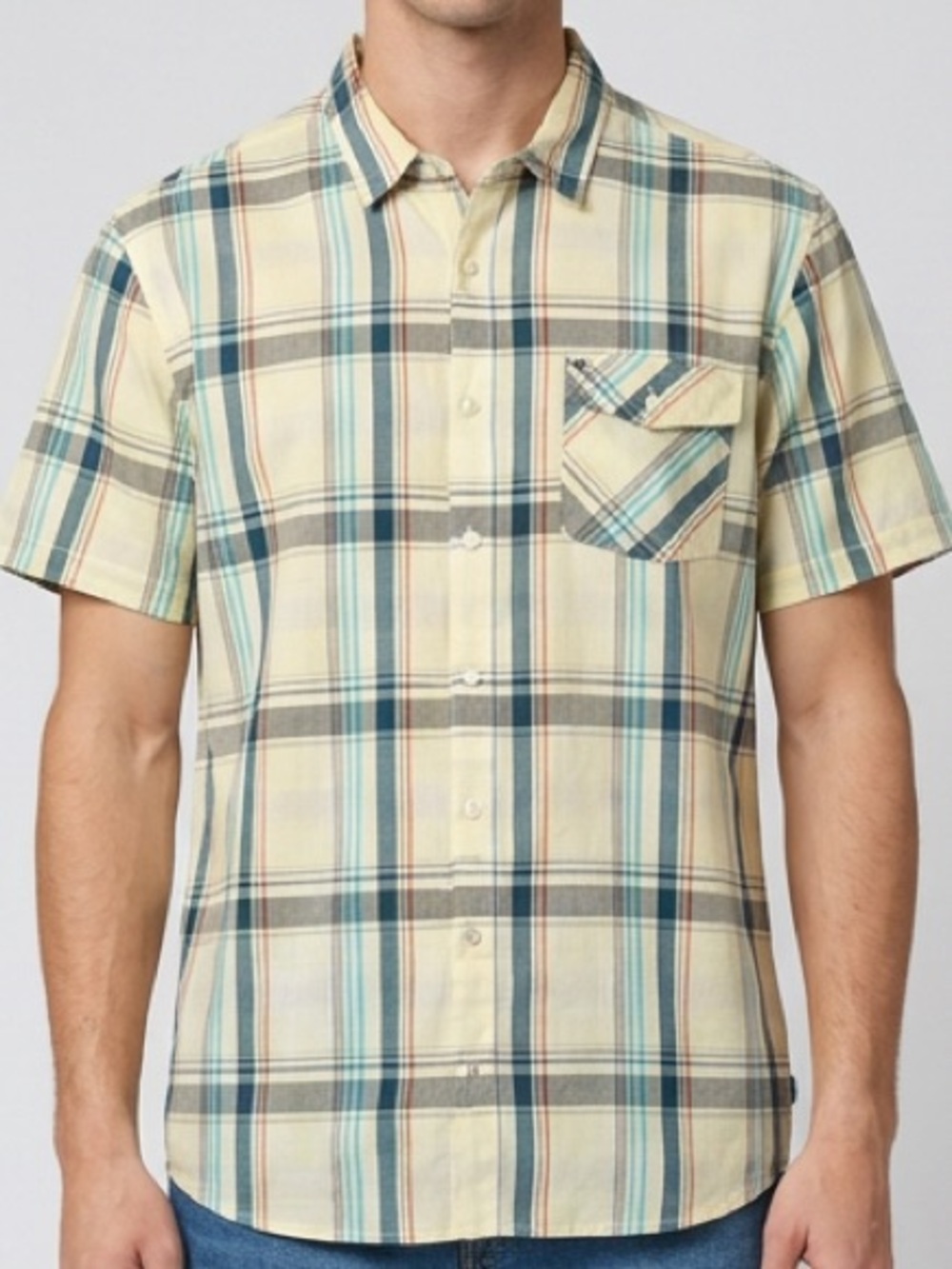 Rip Curl Men's XL Plaid Short Sleeve Button Down Casual Surf Shirt Yellow Teal